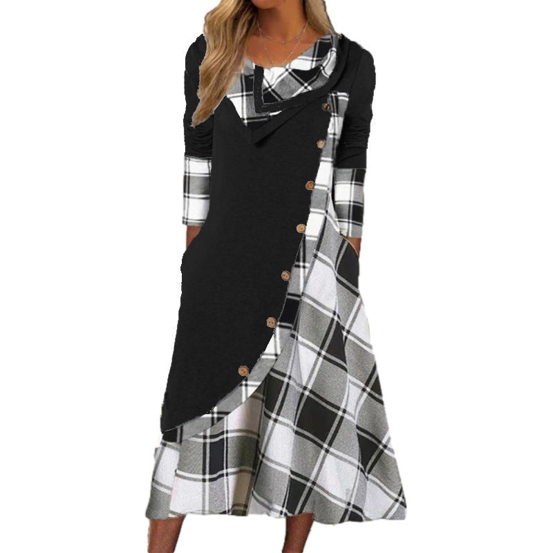 Langarmkleid mit Plaid Muster und Knopfverschluss