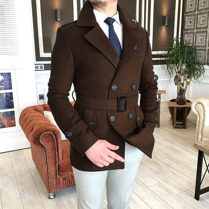 Herren Mantel Elegant Melton mit Gürtel Schwarz Modern