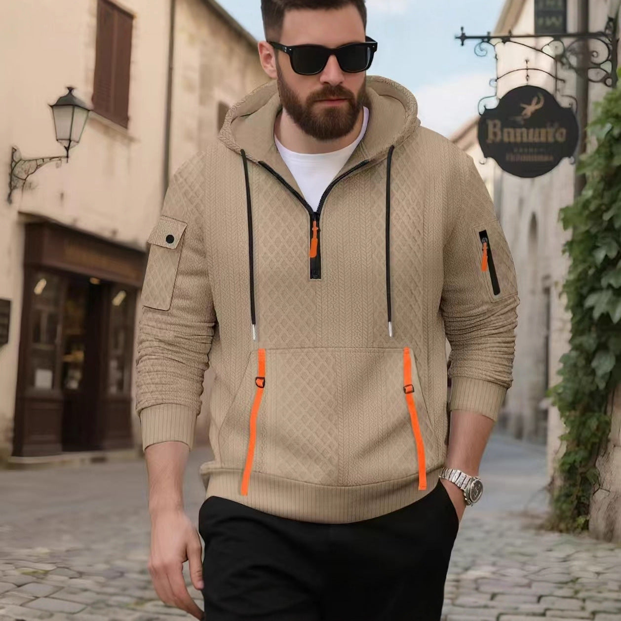 Herren Kapuzenpullover Strukturiert Trendig mit Taschen - BerlinGlamour
