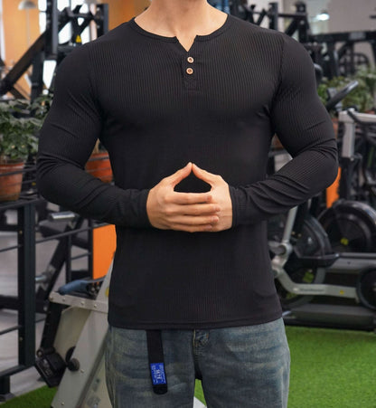 Herren Langarm Henley-Shirt Strukturiert Rippdesign Modern