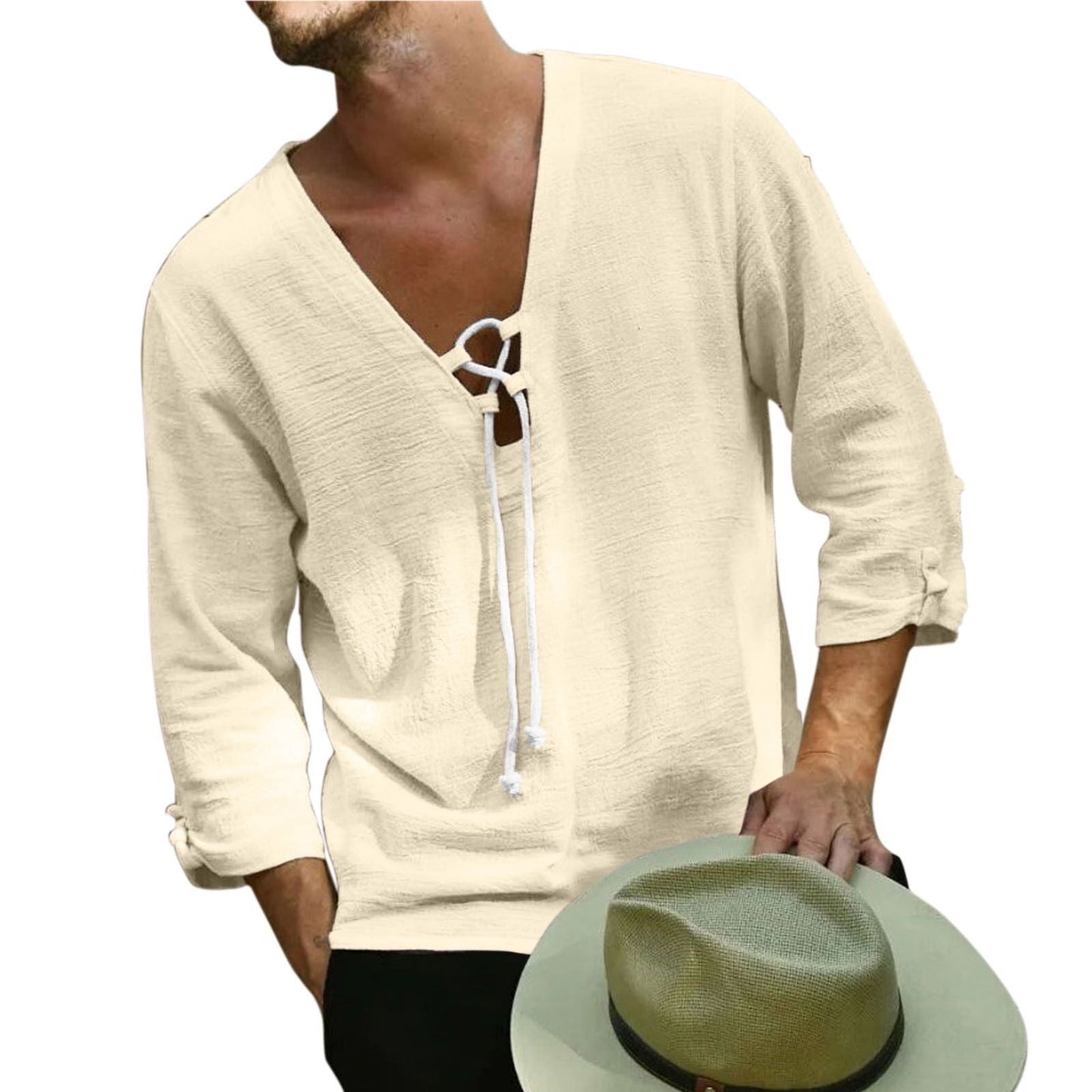 Herren Langarmhemd V-Ausschnitt Schnürung Modern Style