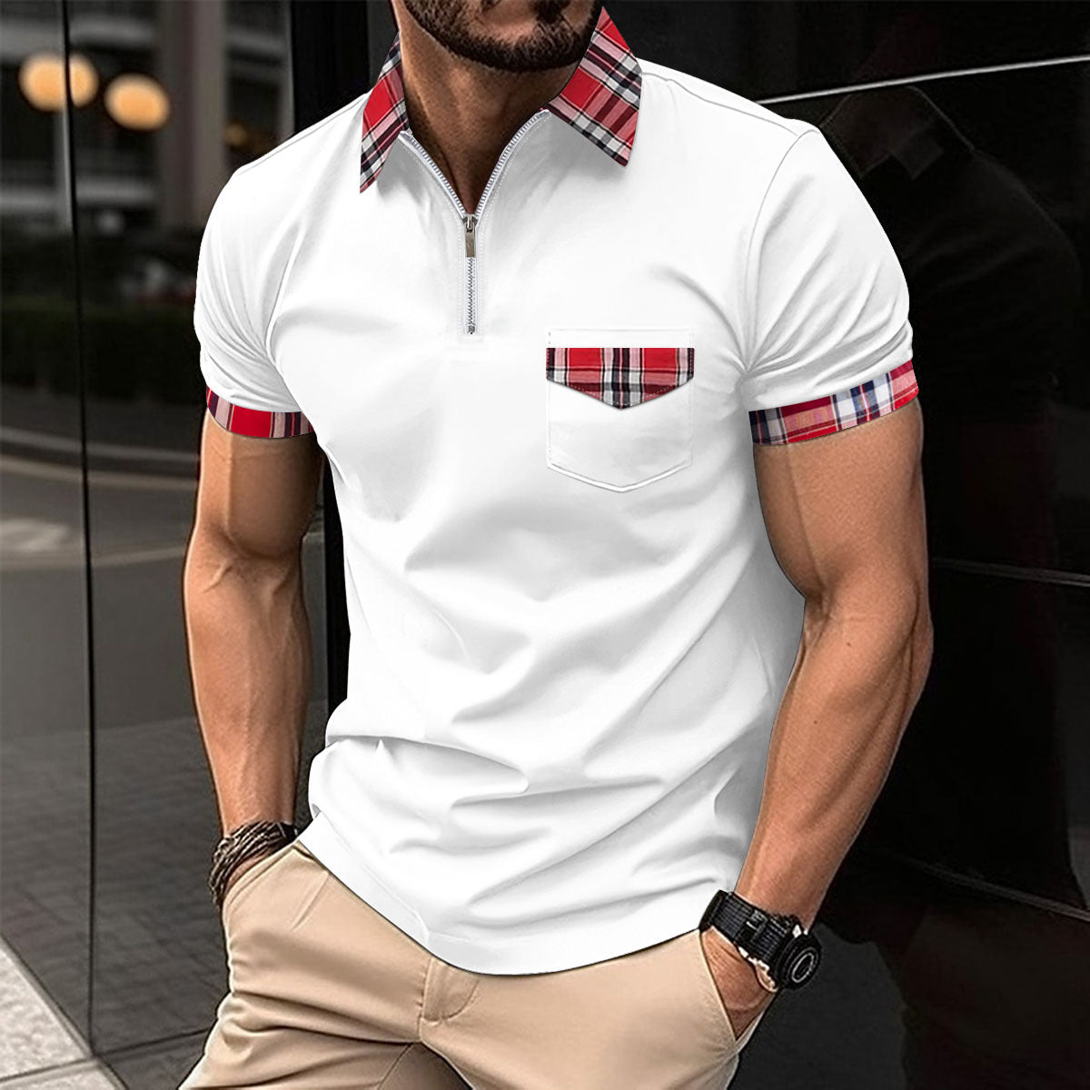 Herren Polohemd Karomuster Modern mit Reißverschluss