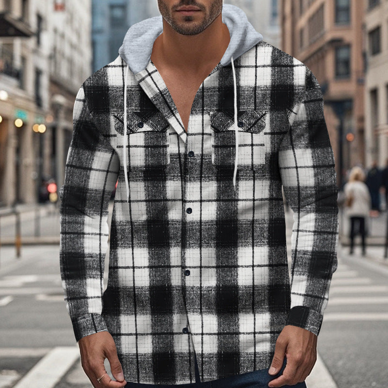 Herren Flauschjacke Kariert mit Kapuze Winterwarm