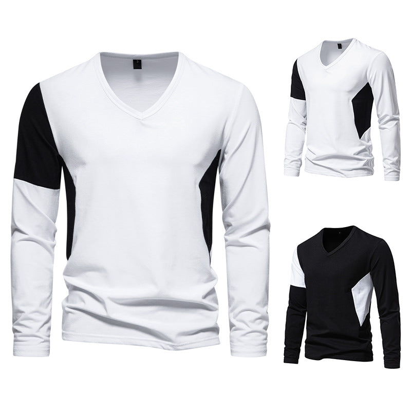 Herren Langarmshirt Modern V-Ausschnitt Kontrast Ärmel