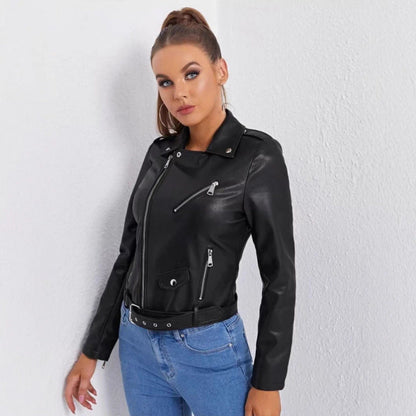 Leder Bikerjacke Damen Asymmetrisch Reißverschluss Schwarz