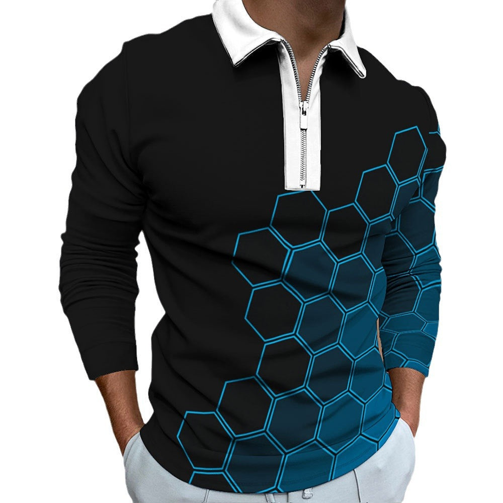 Herren Polo-Shirt Modern Wabenmuster Kontrast Reißverschluss