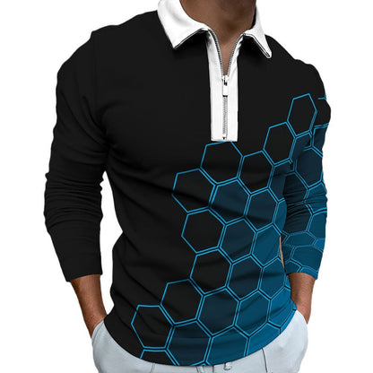 Herren Polo-Shirt Modern Wabenmuster Kontrast Reißverschluss