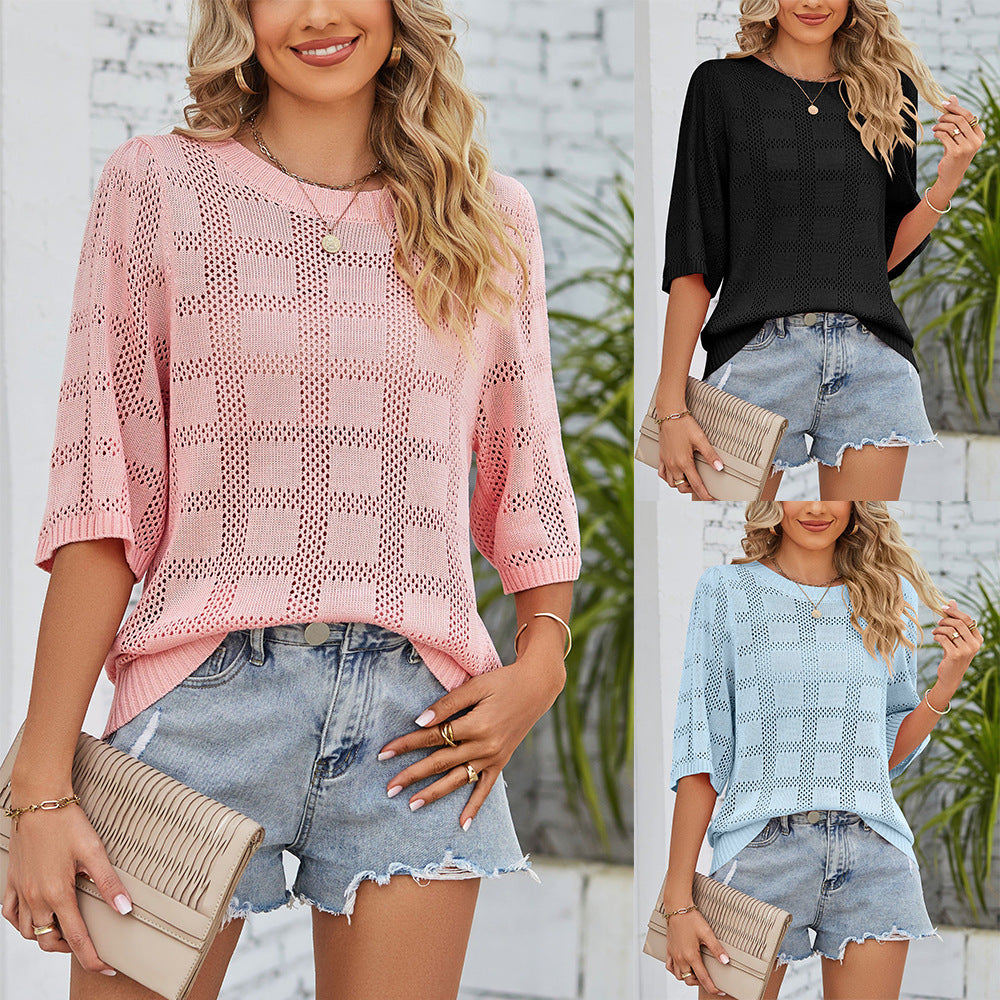Damen Stricktop Weit Modern Lochmuster Oberteil - BerlinGlamour