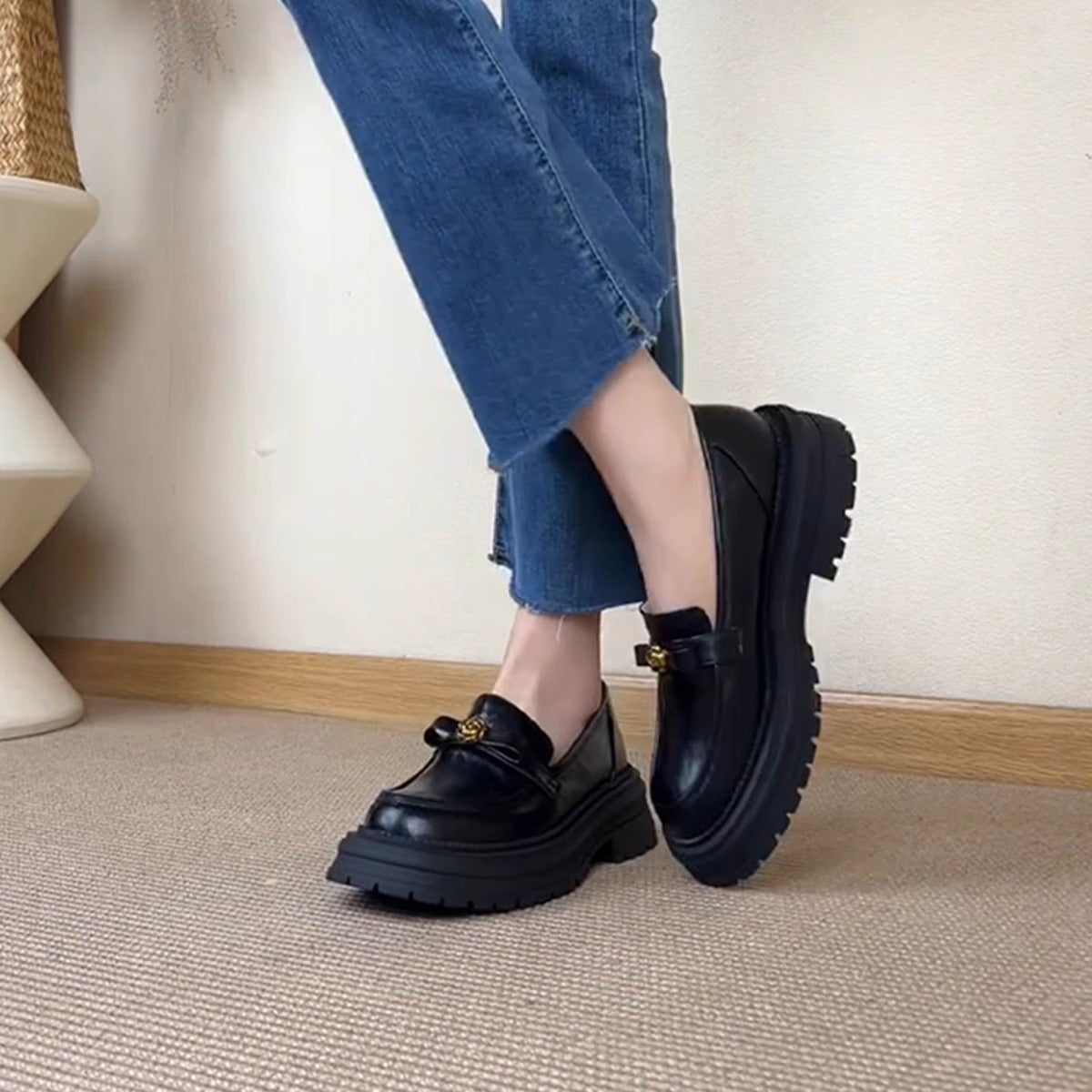 Damen Mokassins Modisch Robust Schnalle Schwarz