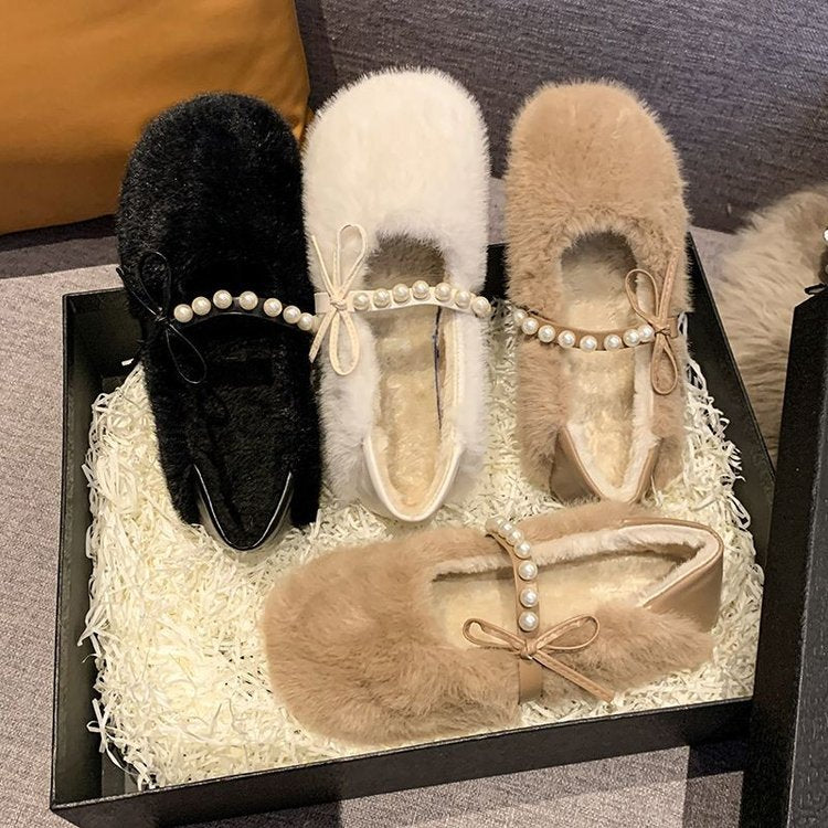 Damen Hausschuhe Flauschig Warm mit Perlen
