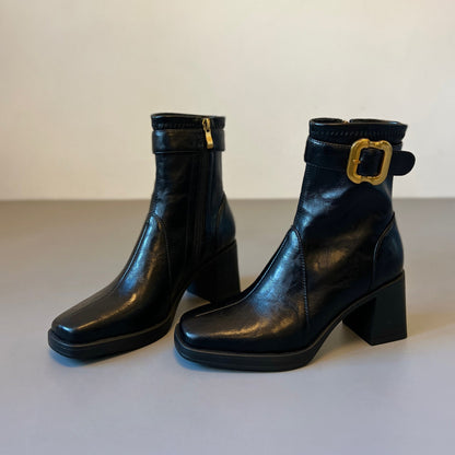 Damen Ankle Boots Schnalle Schwarz Elegante Stiefel