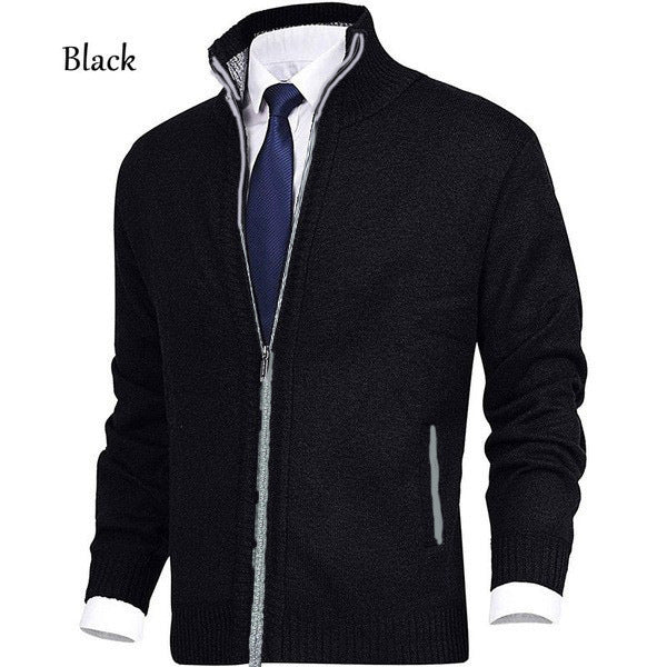 Herren Strickjacke Stehkragen Reißverschluss Modern Schwarz