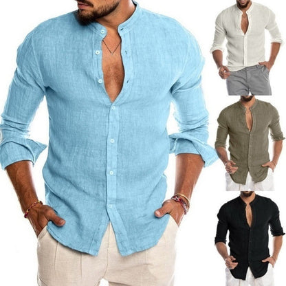 Herren Leinenhemd Stehkragen Modern Slim Fit Sommer - BerlinGlamour
