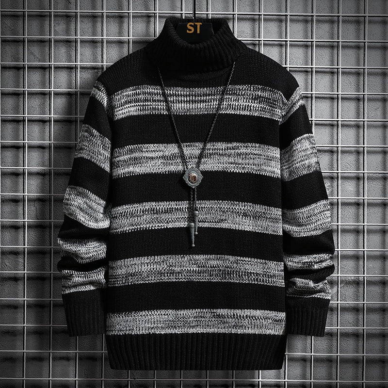 Ein Herren Strickpullover mit hohem Kragen und modernem Streifenmuster BerlinGlamour ist ein eleganter und stylischer Accessoire für den modernen Mann. Mit seinem hohen Kragen und modernen Stre