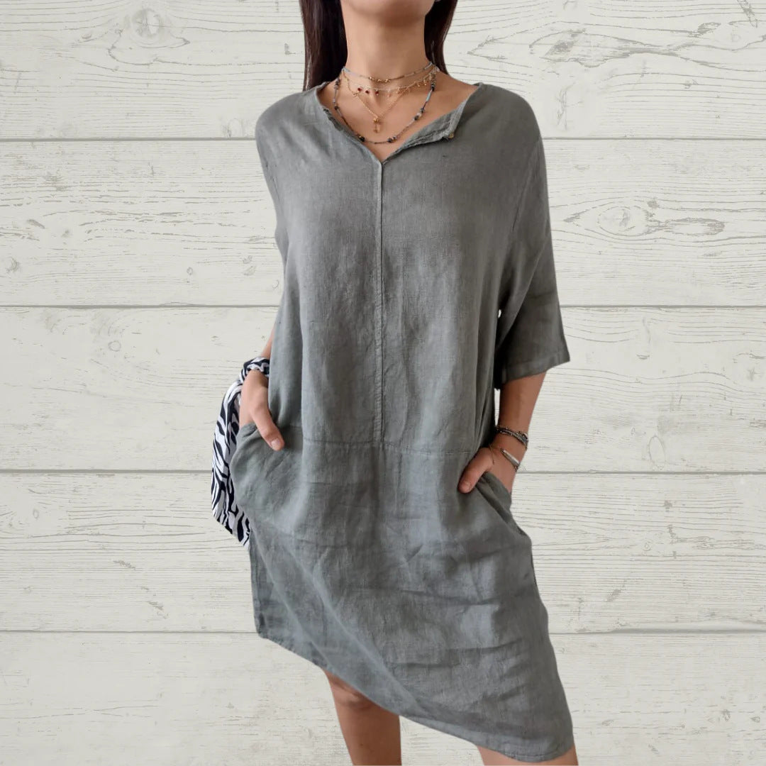 Damen Leinenkleid Sommerleicht mit Knöpfen und Taschen