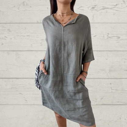 Damen Leinenkleid Sommerleicht mit Knöpfen und Taschen