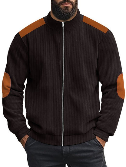 Herren Strickjacke Lederakzente Modern Kragen Hoch