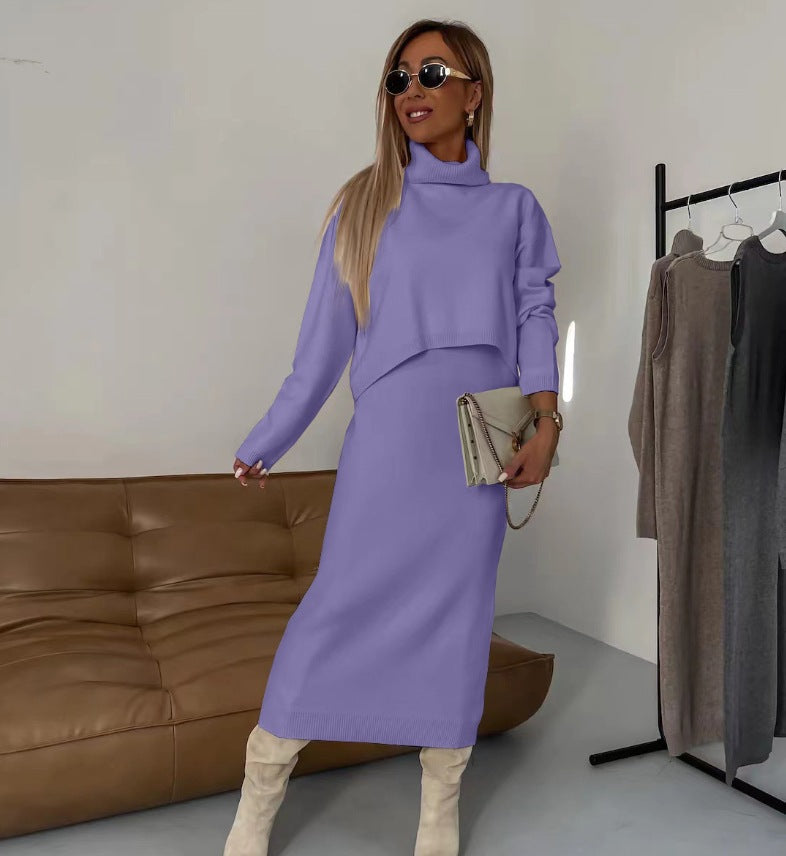 Damen Strick Zweiteiler Rollkragen Pullover und Midi Kleid