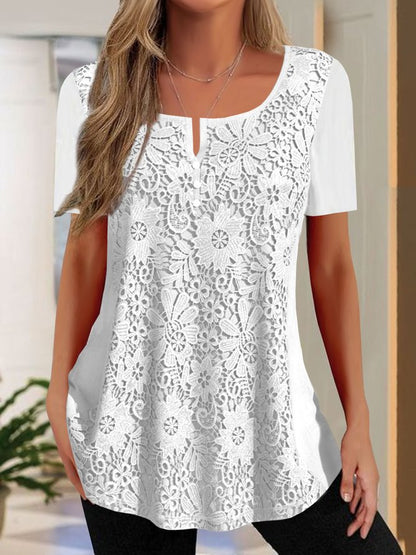 Damen Bluse Spitze Kurzarm Floral Elegant