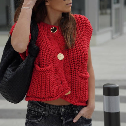 Damen Strickweste Modern mit Knöpfen und Taschen