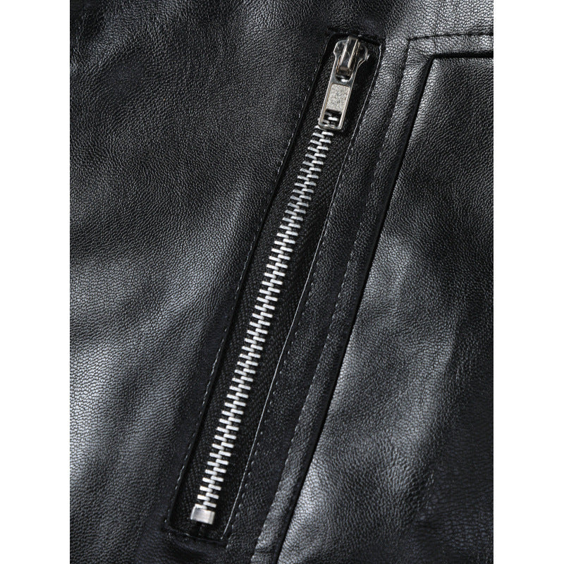 Herren Lederjacke Stehkragen Schwarz Ledermantel