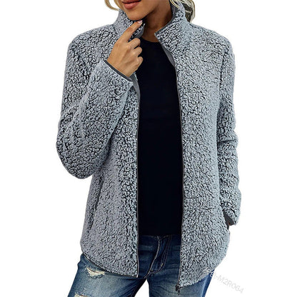 Damen Fleecejacke Flauschig Warm mit Kragen und Taschen