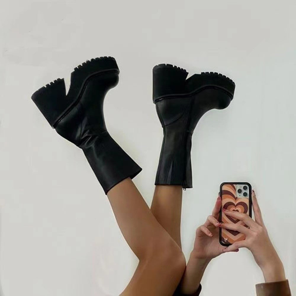 Damen Plateau-Stiefel Hoch Blockabsatz Reißverschluss Schwarz