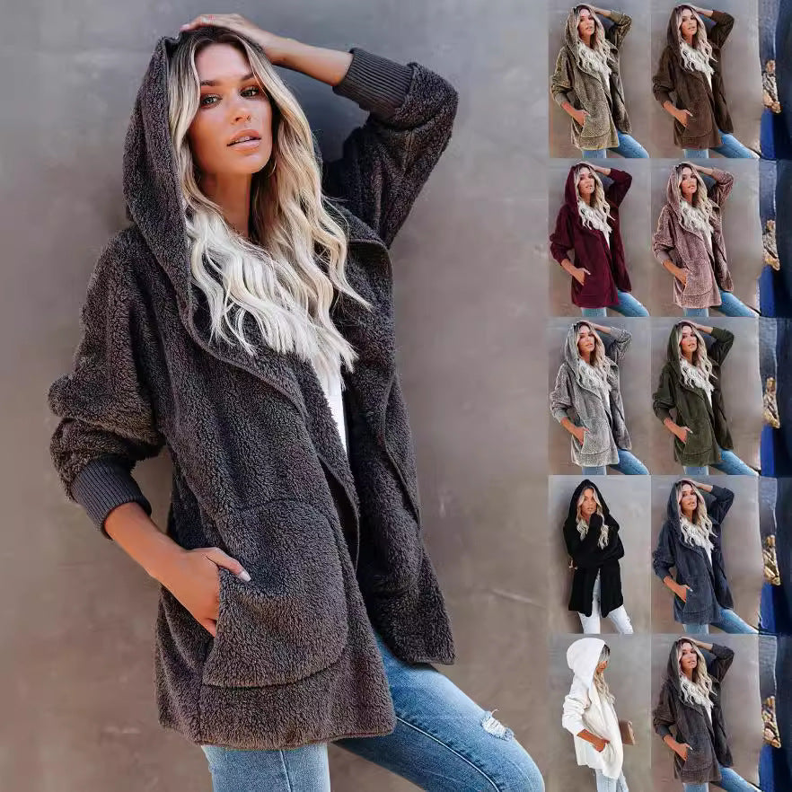 Damen Kapuzenjacke Warm Flauschig mit Taschen - BerlinGlamour