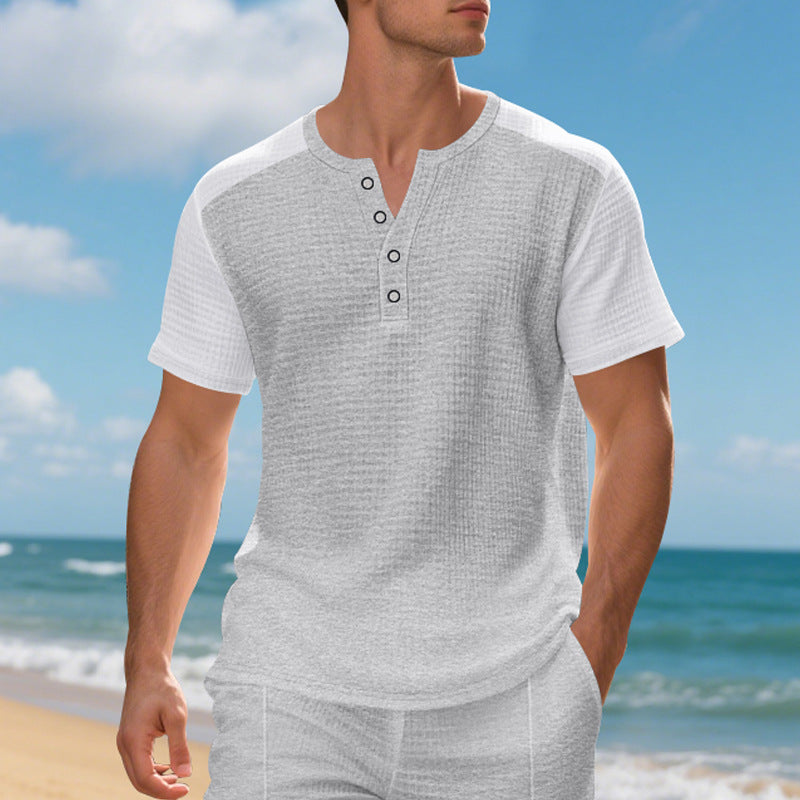 Herren Kurzarmshirt Knopfleiste Modern Strukturiert