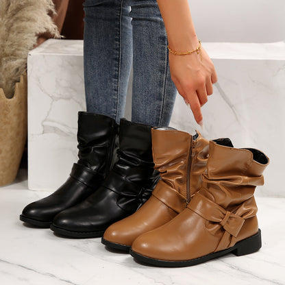 Damen Stiefeletten Modisch Falten Design Schleifenverschluss - BerlinGlamour