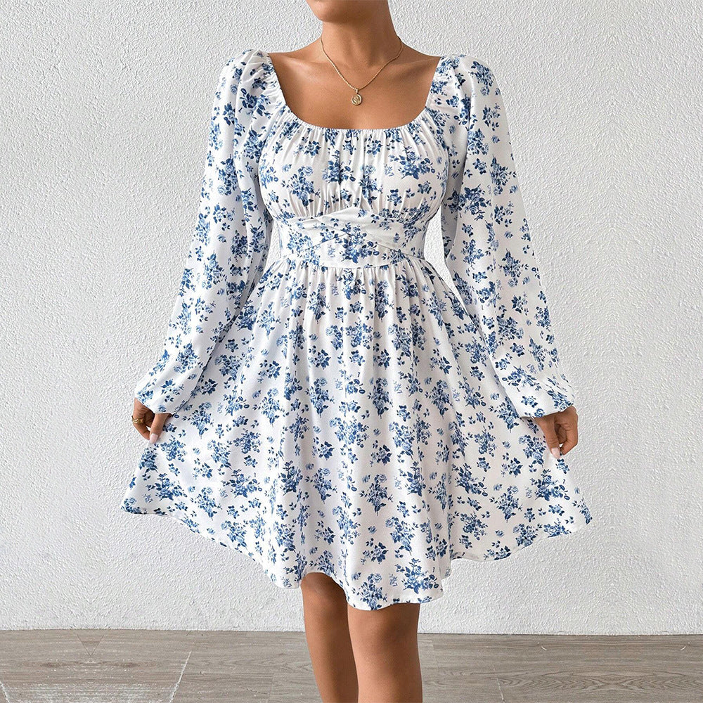 Damen Kleid Blumenmuster Elegant Raffung Langärmlig Sommer - BerlinGlamour