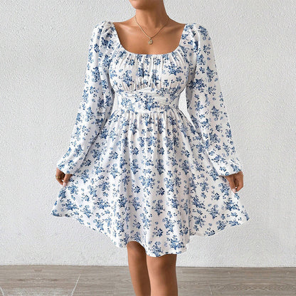 Damen Kleid Blumenmuster Elegant Raffung Langärmlig Sommer - BerlinGlamour