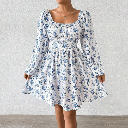 Damen Kleid Blumenmuster Elegant Raffung Langärmlig Sommer - BerlinGlamour