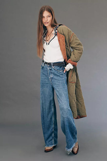 Damen High-Waist Jeans Weite Bein Fransensaum
