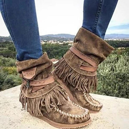 Damen Stiefel Mokassin Fransen Schnalle Modern