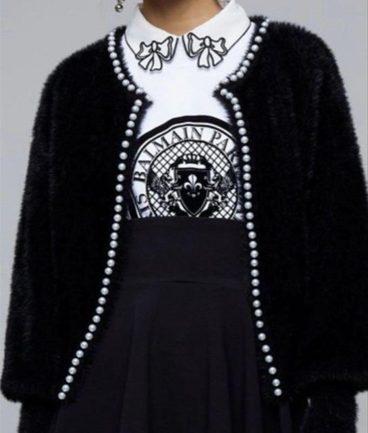 Damen Strickjacke Flauschig mit Perlen Verzierung
