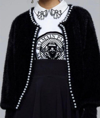 Damen Strickjacke Flauschig mit Perlen Verzierung