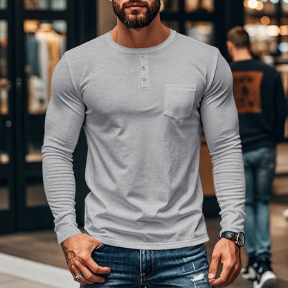 Herren Langarmshirt Modern Henley Ausschnitt mit Brusttasche