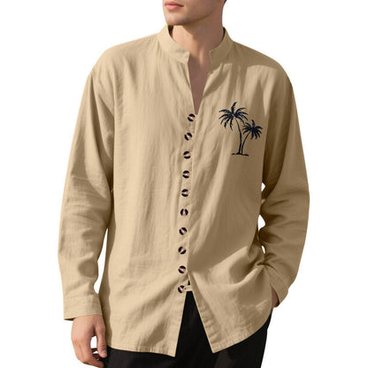 Herren Langarmhemd Palmen Motiv Knopfleiste Trendy