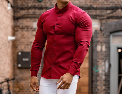 Herren Langarmhemd Slim Fit Modern mit Stehkragen und Metallknöpfen