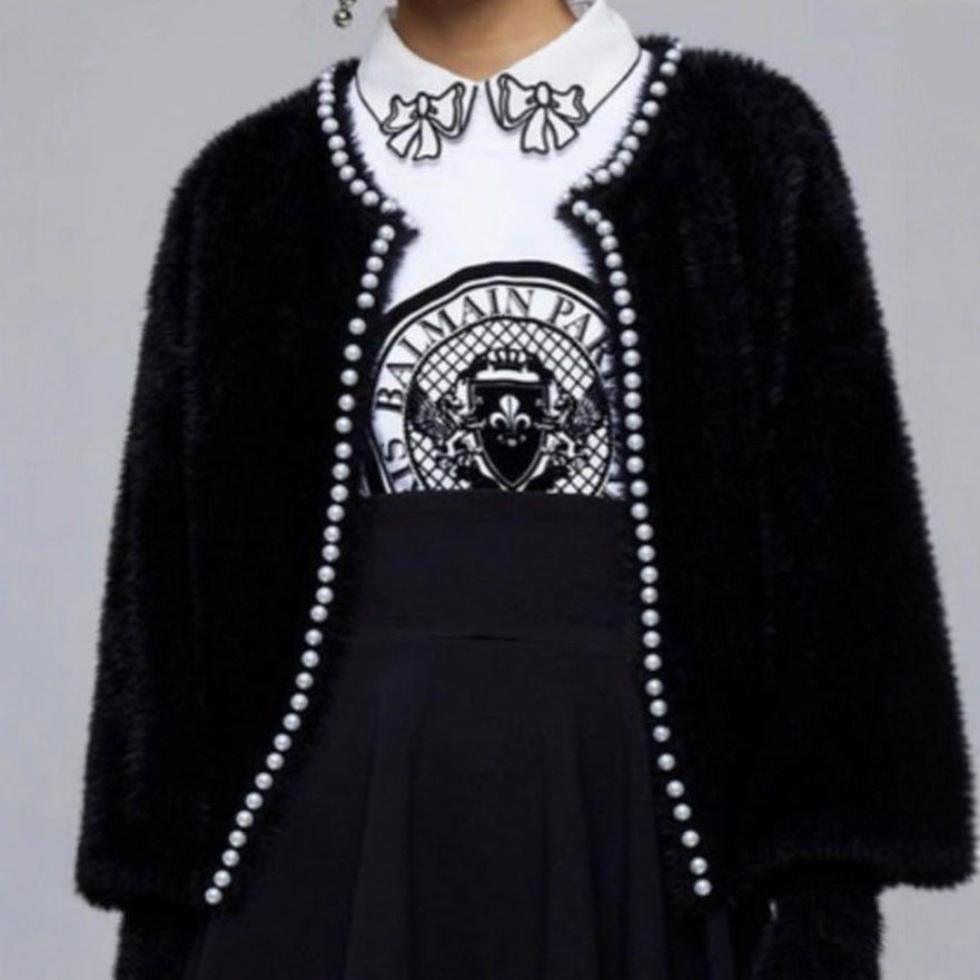 Damen Strickjacke Flauschig mit Perlen Verzierung
