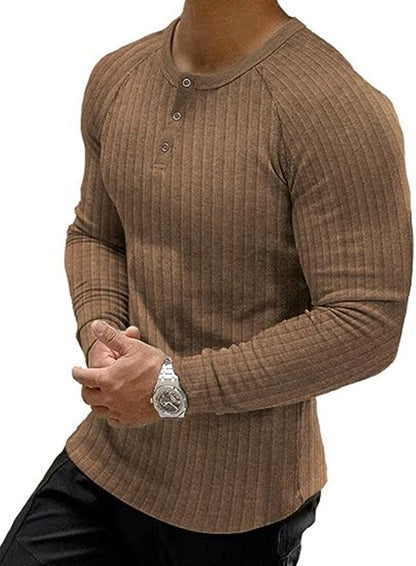 Herren Langarm T-Shirt Ripp Optik Knopfleiste Modern