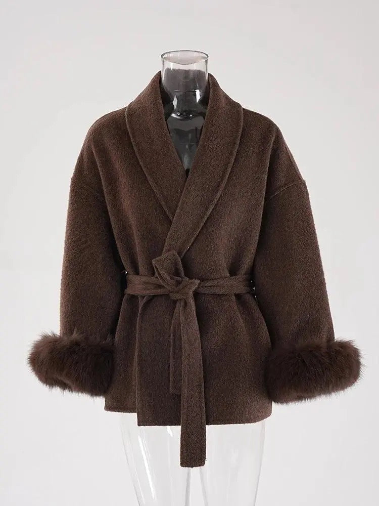 Damen Kurzmantel mit Kunstfellbesatz Eleganter Wintermantel