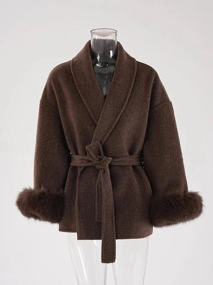 Damen Kurzmantel mit Kunstfellbesatz Eleganter Wintermantel