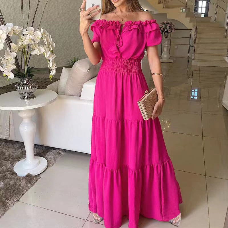 Damen Maxikleid Schulterfrei Rüschenkleid Sommer