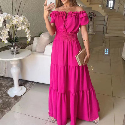 Damen Maxikleid Schulterfrei Rüschenkleid Sommer