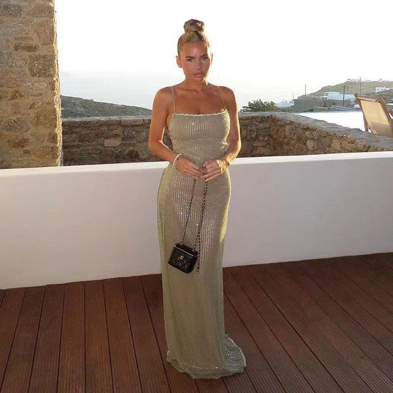Damen Maxikleid Schulterfrei Glitzernd Elegant