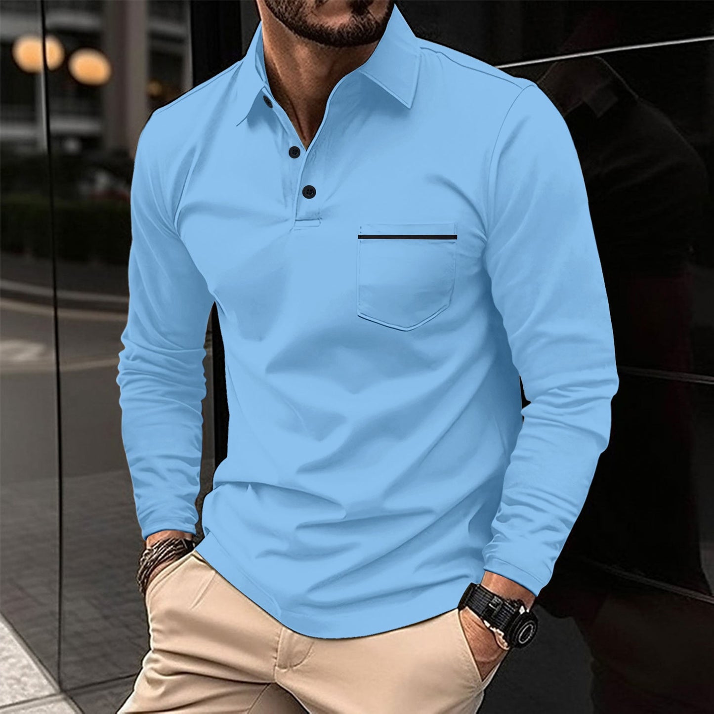 Herren Polohemd Langarm mit Stehkragen und Brusttasche Modern