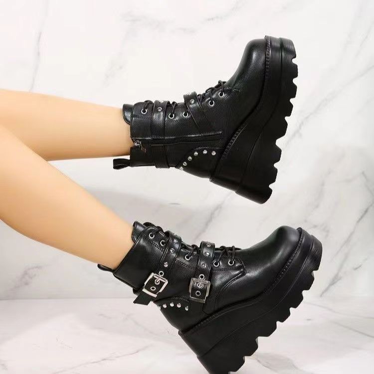 Damen Stiefeletten Wedge Absatz Schnalle Robust