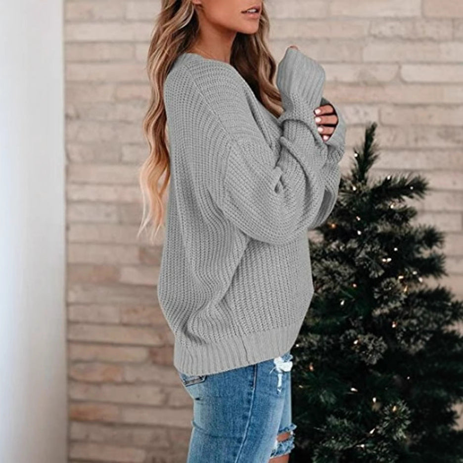 Damen Pullover Feinstrick V-Ausschnitt Lässig Elegant